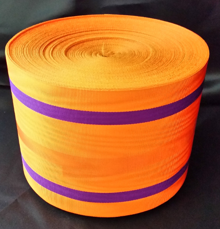 Orange Ribbon with 2 Thick Purple Bands - watermarked - 100mm (per meter) - Click Image to Close